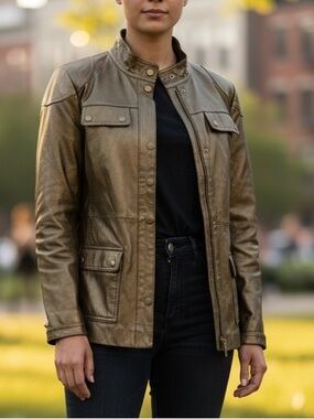 Gulliaume Bronze Metallic Leather Moto Biker Long Zip Up Jacket Size M